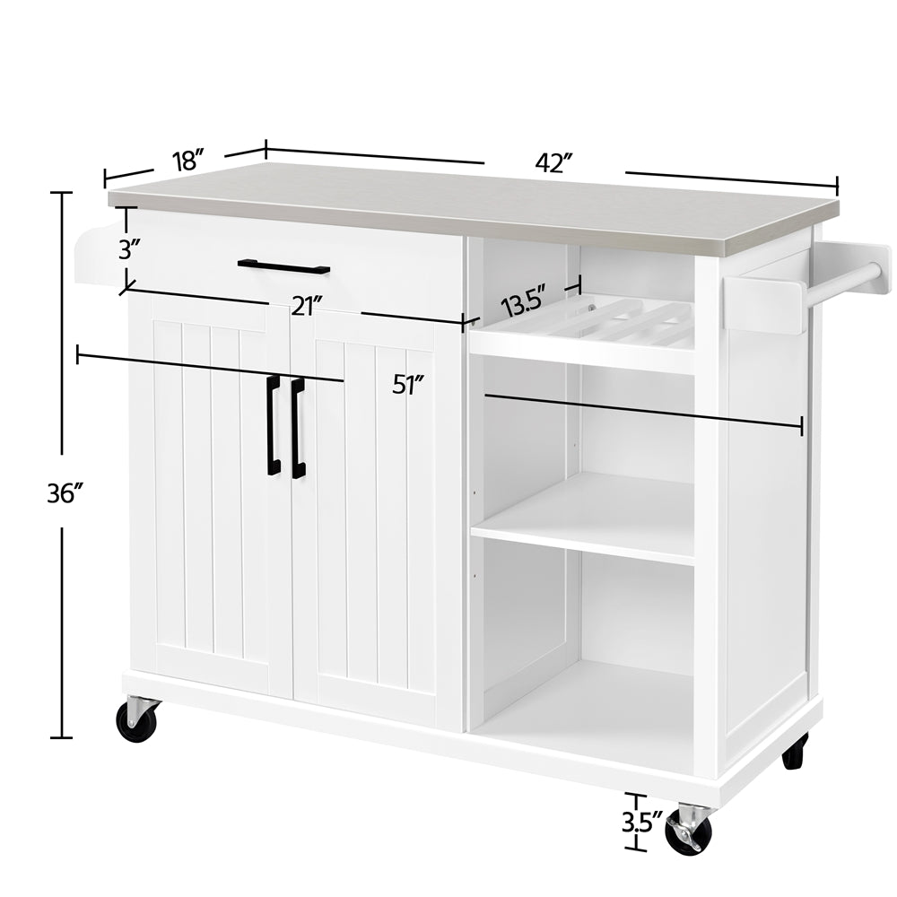 Yaheetech Kitchen Island Cart with Stainless Steel Top and Storage， Kitchen Island on Wheels with Drawer and Open Shelves，White