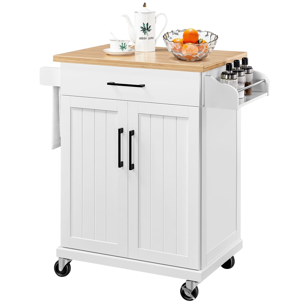 Yaheetech Rolling Kitchen Island Cart with Spice Rack Storage and Towel Rack and Drawer for Dining Rooms Kitchens Living Rooms，White
