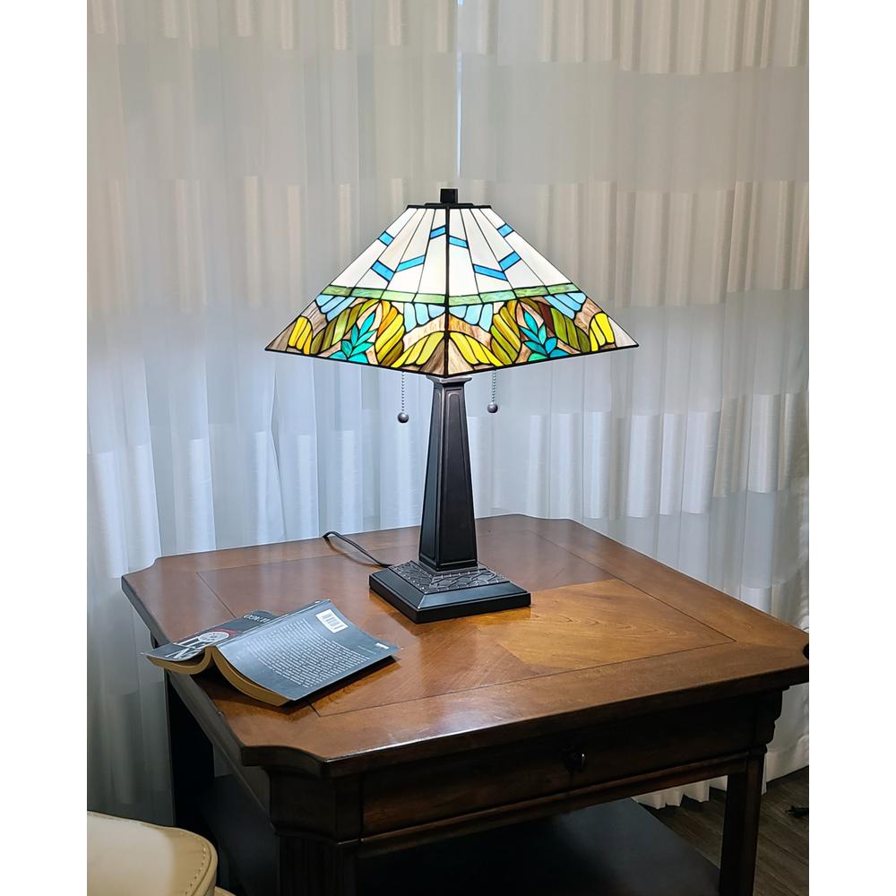23" White and Aqua Stained Glass Two Light Mission Style Table Lamp