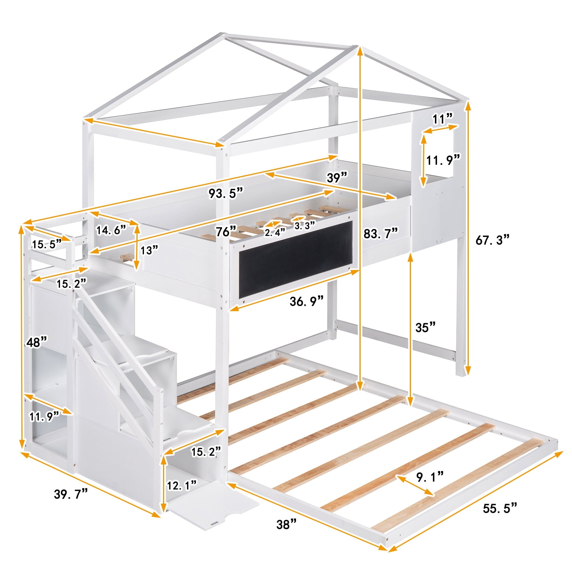 EUROCO Twin over Full House Bunk Bed with Storage Staircase and Blackboard for Kids Bedroom, White