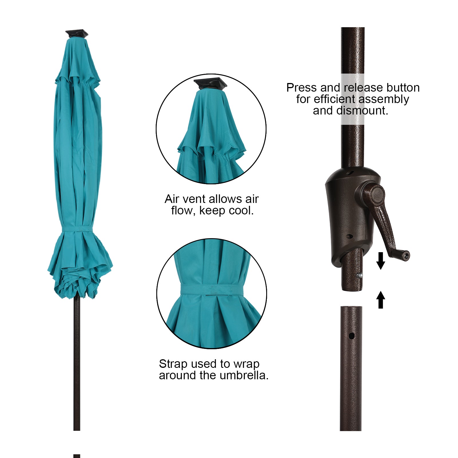 COBANA 9’ Solar Patio Umbrella with 32 LED Lights, Outdoor Table Market Umbrella with Tilt and Crank, Blue
