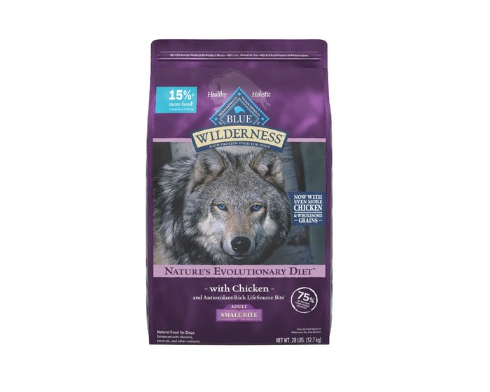 Blue Buffalo Wilderness High Protein Natural Adult Small Bite Dry Dog Food plus Wholesome Grains， Chicken， 28 lb. Bag