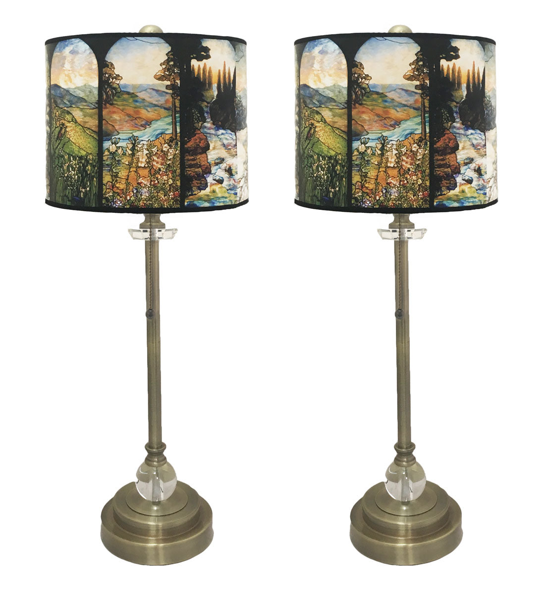 Royal Designs 28" Crystal and Antique Brass Buffet Lamp with Four Seasons Stained Glass Design Hard Back Lamp Shade, Set of 2