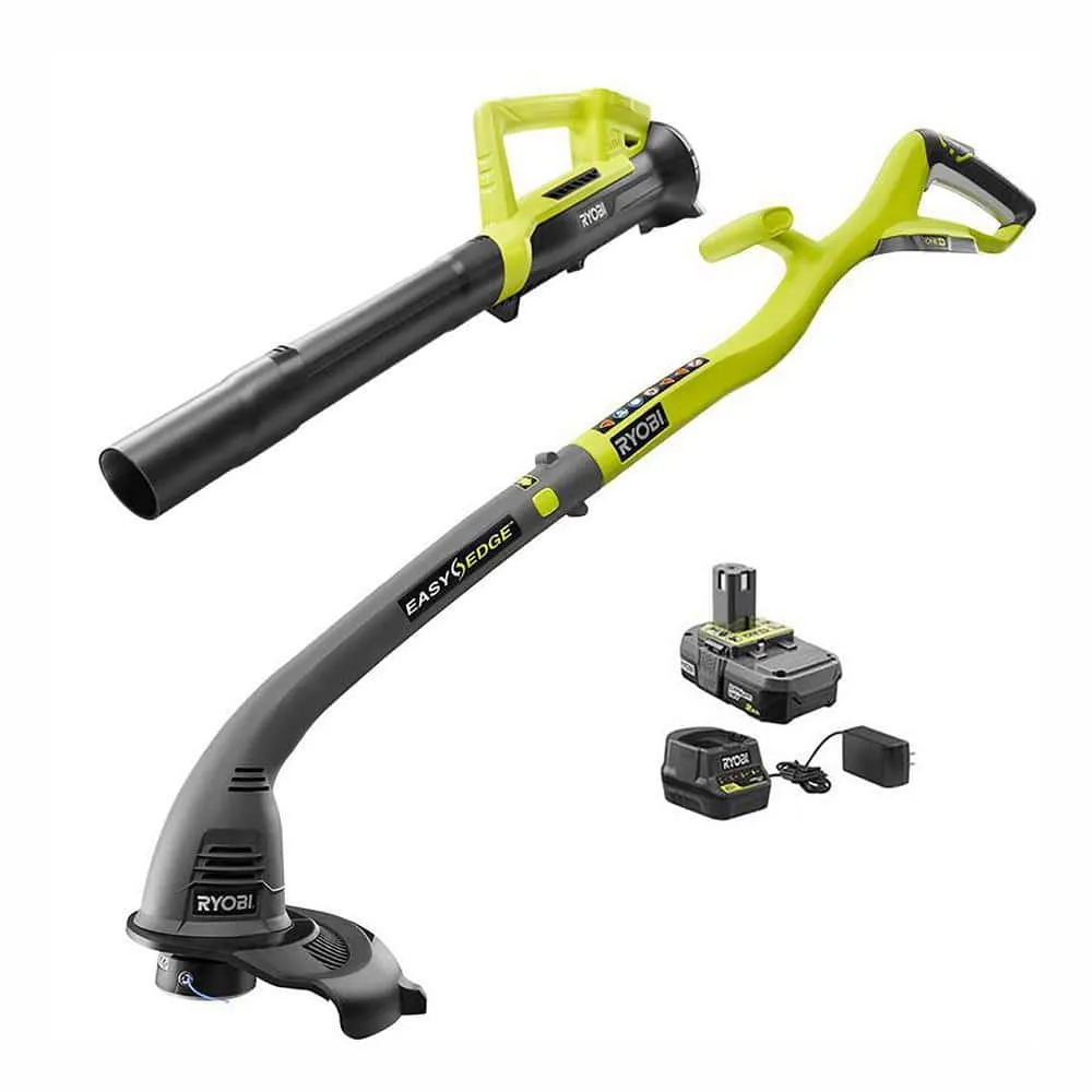 RYOBI ONE+ 18V Cordless String Trimmer/Edger and Blower/Sweeper Combo Kit with 2.0 Ah Battery and Charger P2036