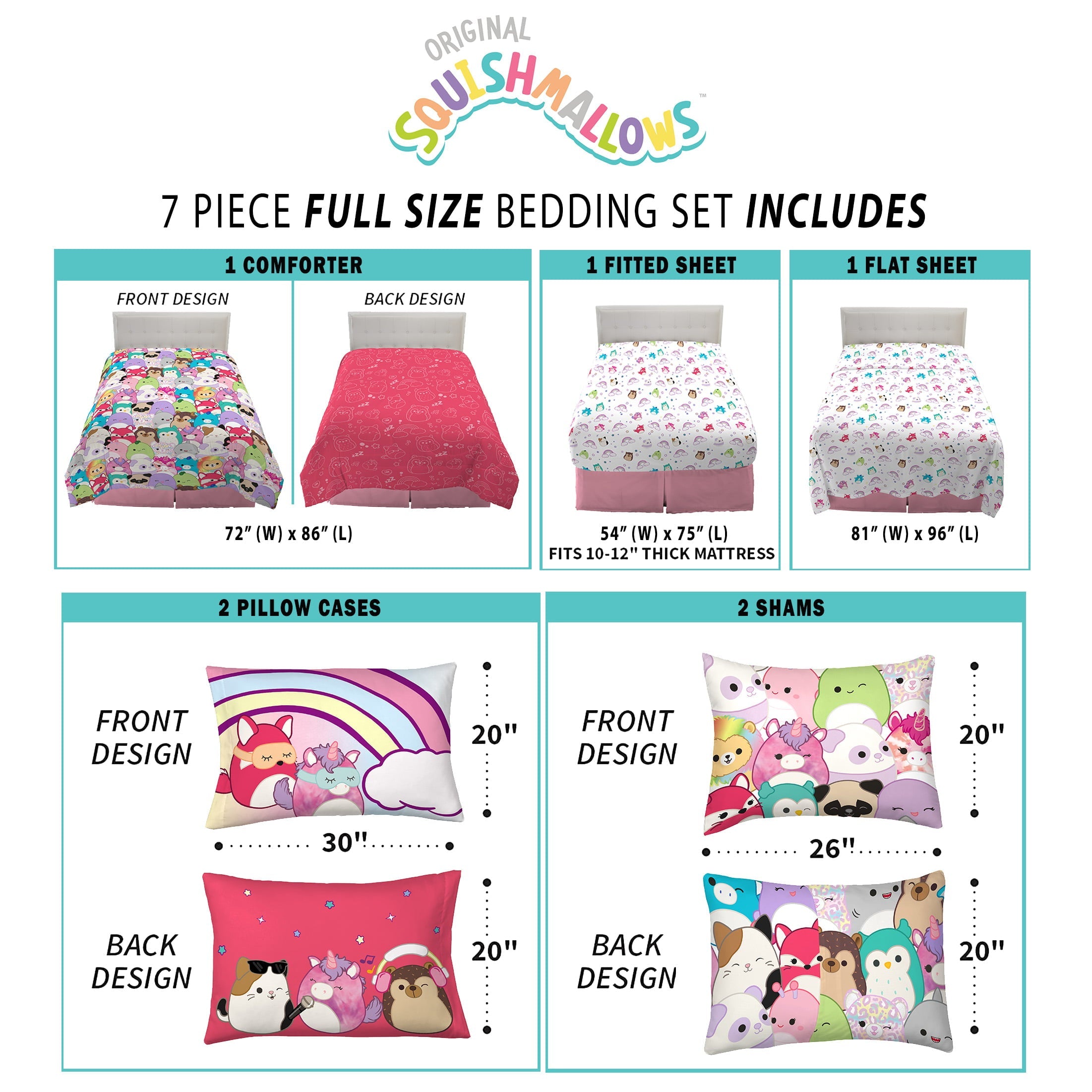 Squishmallows Full Bed in a Bag, 7Pc Comforter Sheets and Shams, Multicolor