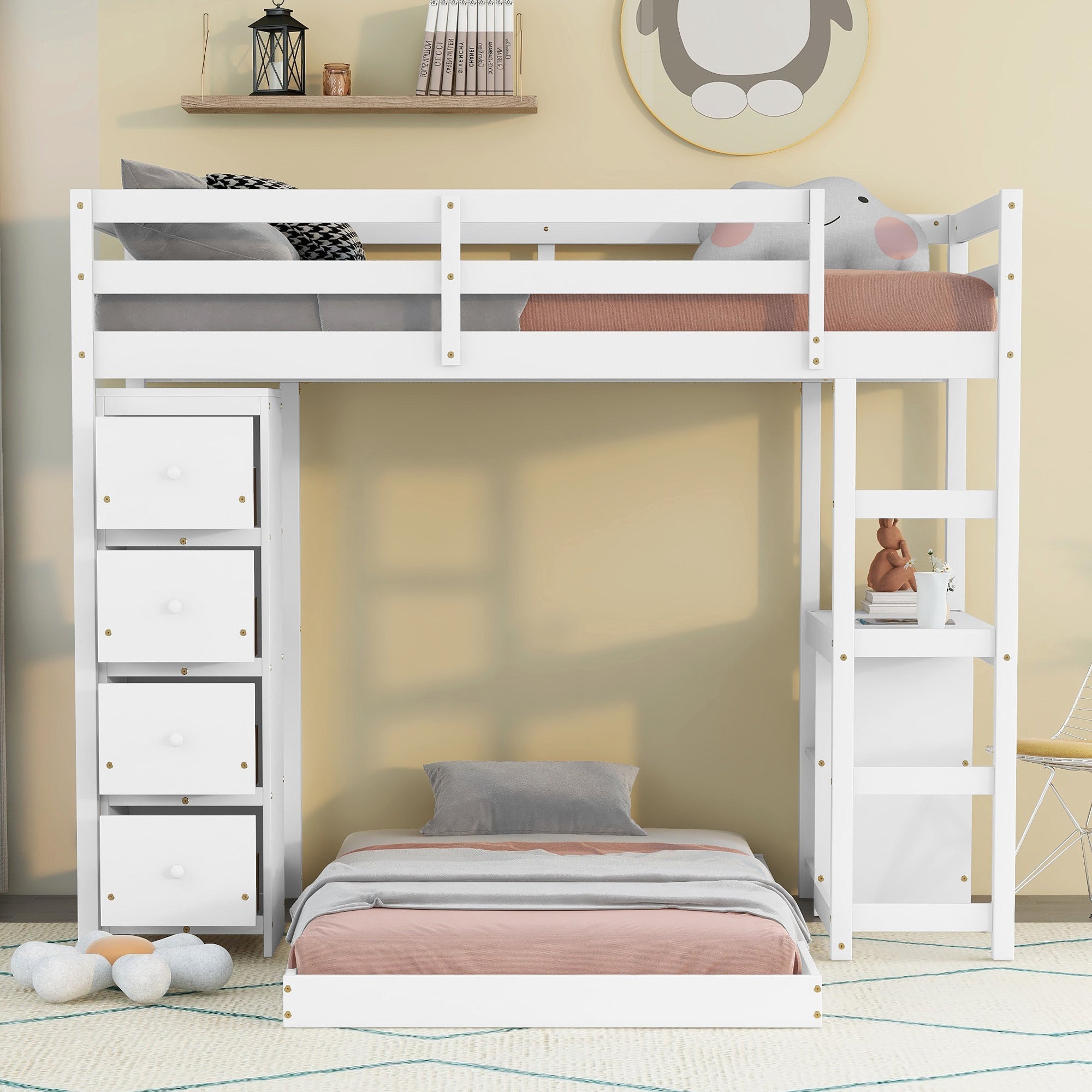 Euroco Twin over Twin Loft Bed with Drawers for Kids, White