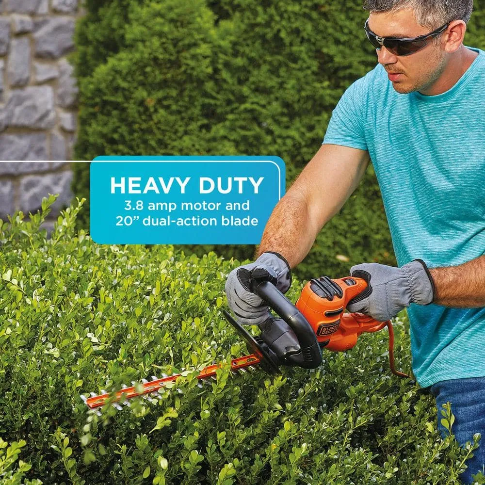 BLACK+DECKER 20 in. 3.8 AMP Corded Dual Action Electric Hedge Trimmer with Saw Blade Tip BEHTS300