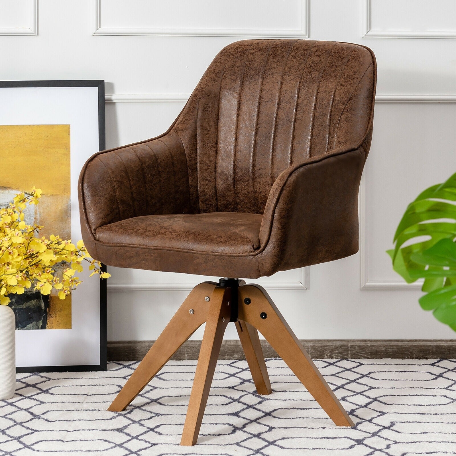 Modern Dining Armchair, No Wheels but Swivel, Solid Wood Legs, Thick Felt Foot Pads
