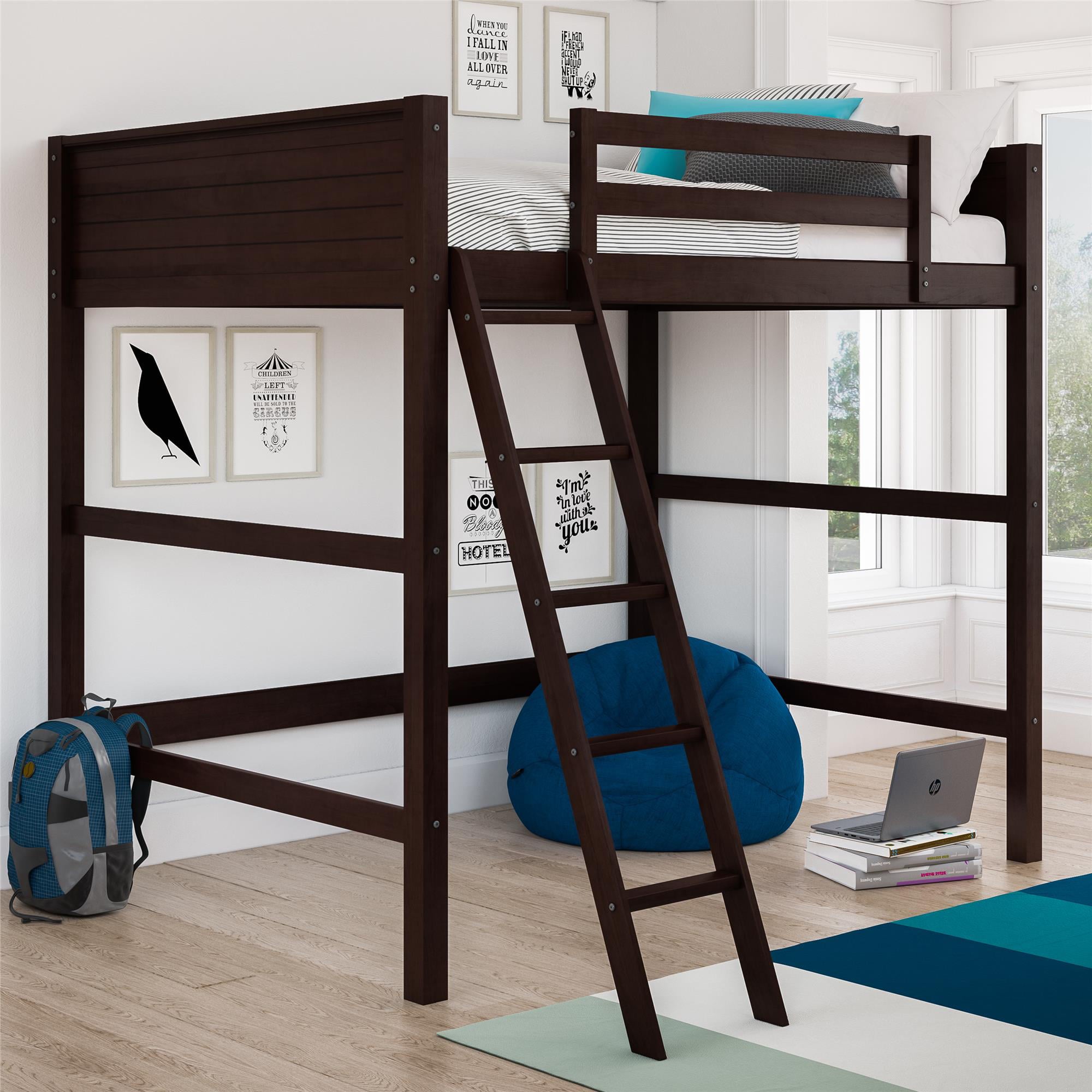 Your Zone Kids Wooden Loft Bed with Ladder, Full, Espresso