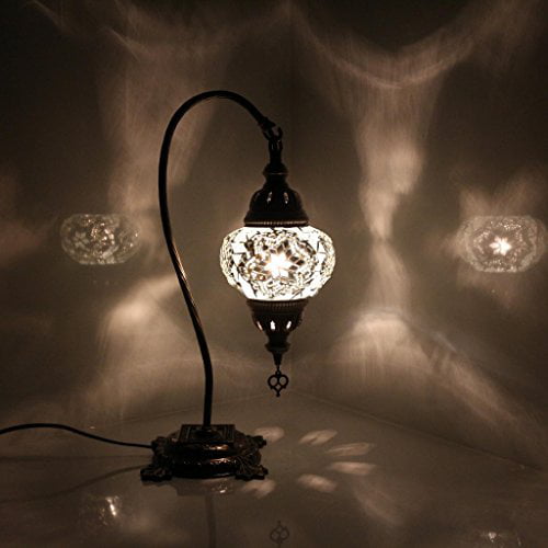 Turkish Lamp,  Lamp 2021 Mosaic Stained Glass Boho Moroccan Lantern Table Lamp, Swan Neck Handmade Desk Lighting Night Decor Light, Antique Color Body with US Plug & Socket by LaModaHome