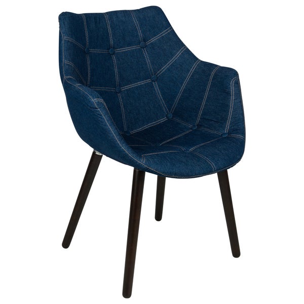 LeisureMod Milburn Modern Tufted Denim Lounge Armchair W/ Wooden Legs