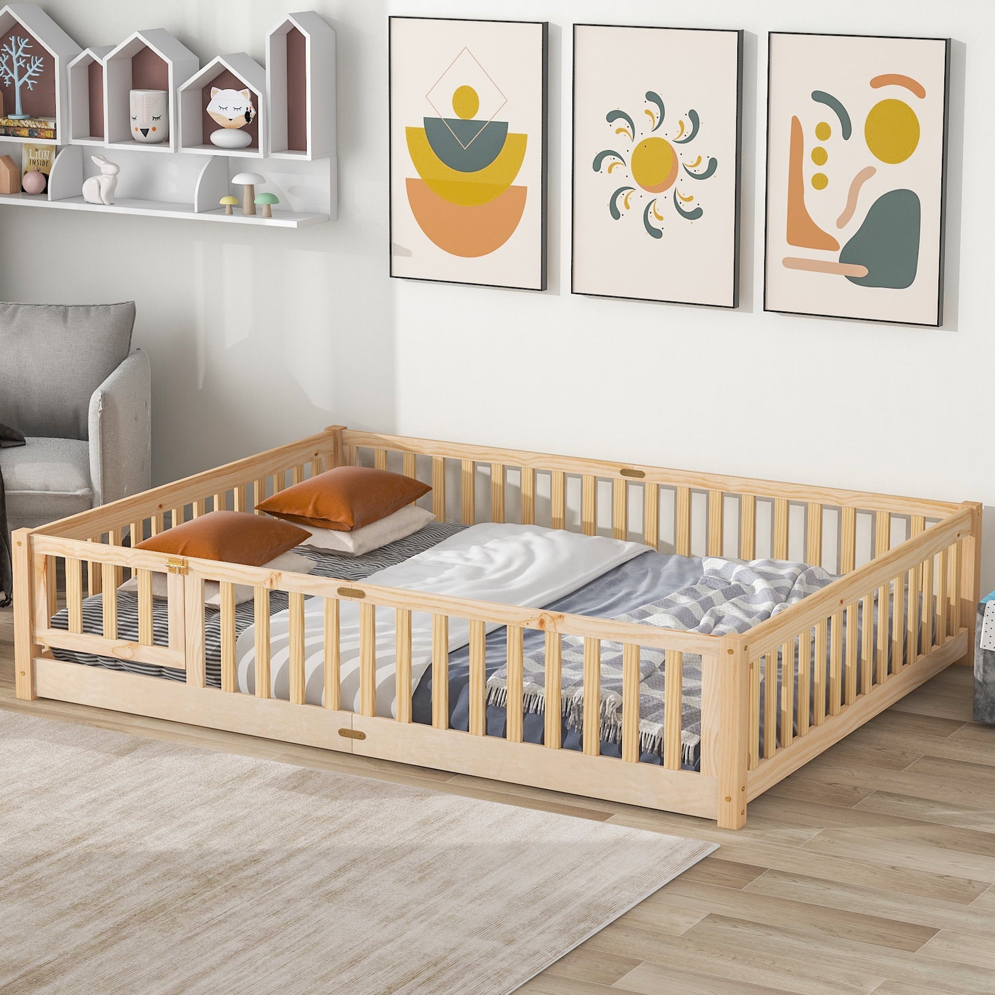 uhomepro Queen Size Wood Floor Bed Frame with Fence and Door for Kids, Toddlers, Natural