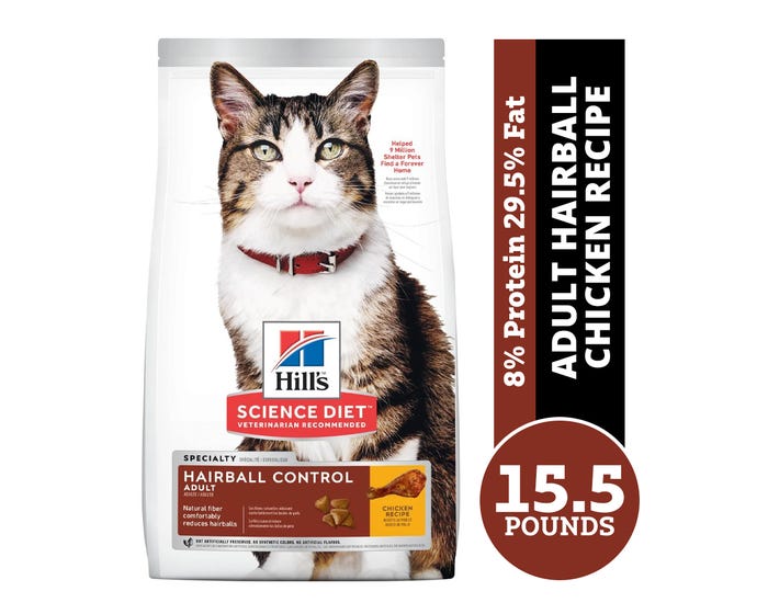 Hills Science Diet Adult Hairball Control Chicken Recipe Dry Cat Food， 15.5 lb. Bag