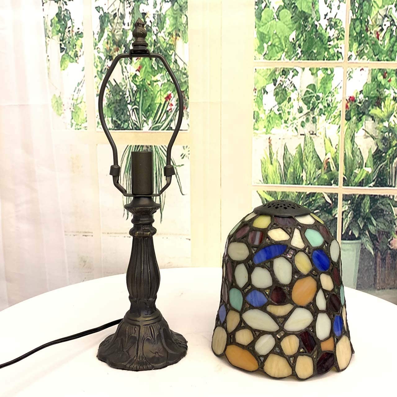 SHADY L10729 Colored Cobblestone  Style Stained Glass Table Lamp with 6-inch Wide Lampshade  Multi-Colored  15 inch Tall