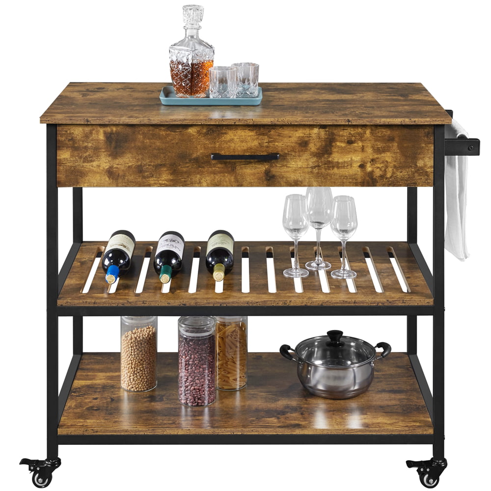 Easyfashion 3-Tier Rolling Kitchen Island Microwave Serving Cart with Storage， Rustic Brown