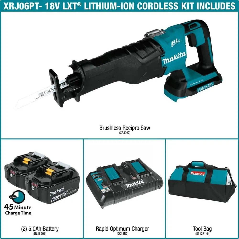 Makita 18V X2 LXT Lithium-Ion (36V) Brushless Cordless Reciprocating Saw Kit (5.0Ah) with 2 Batteries 5.0Ah and Charger XRJ06PT