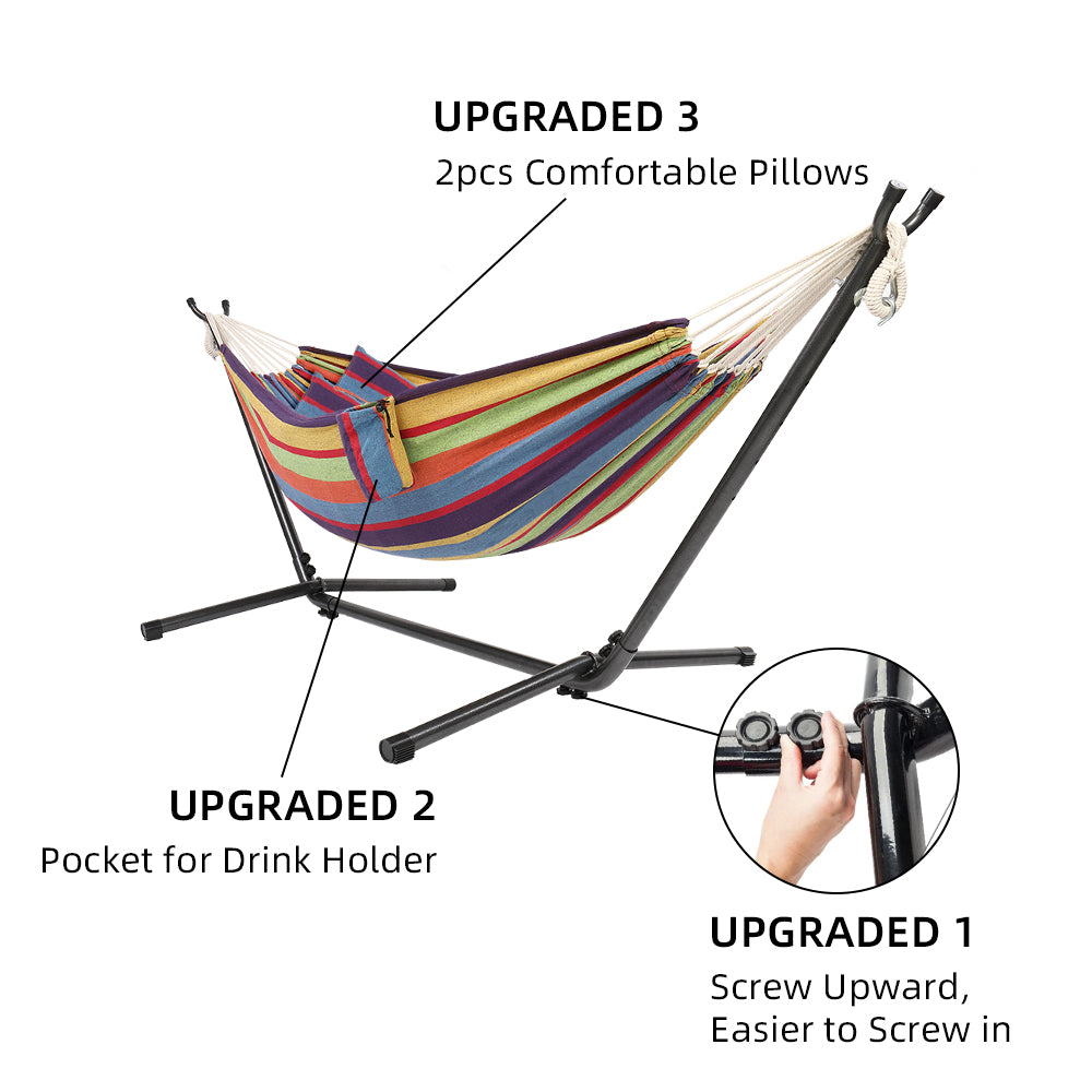 ONCLOUD 9 FT Heavy Duty Steel Stand with Double Hammock w/ Carrying Case,Pillows,Cup Holders for Outdoor or Indoor,Rainbow Stripe