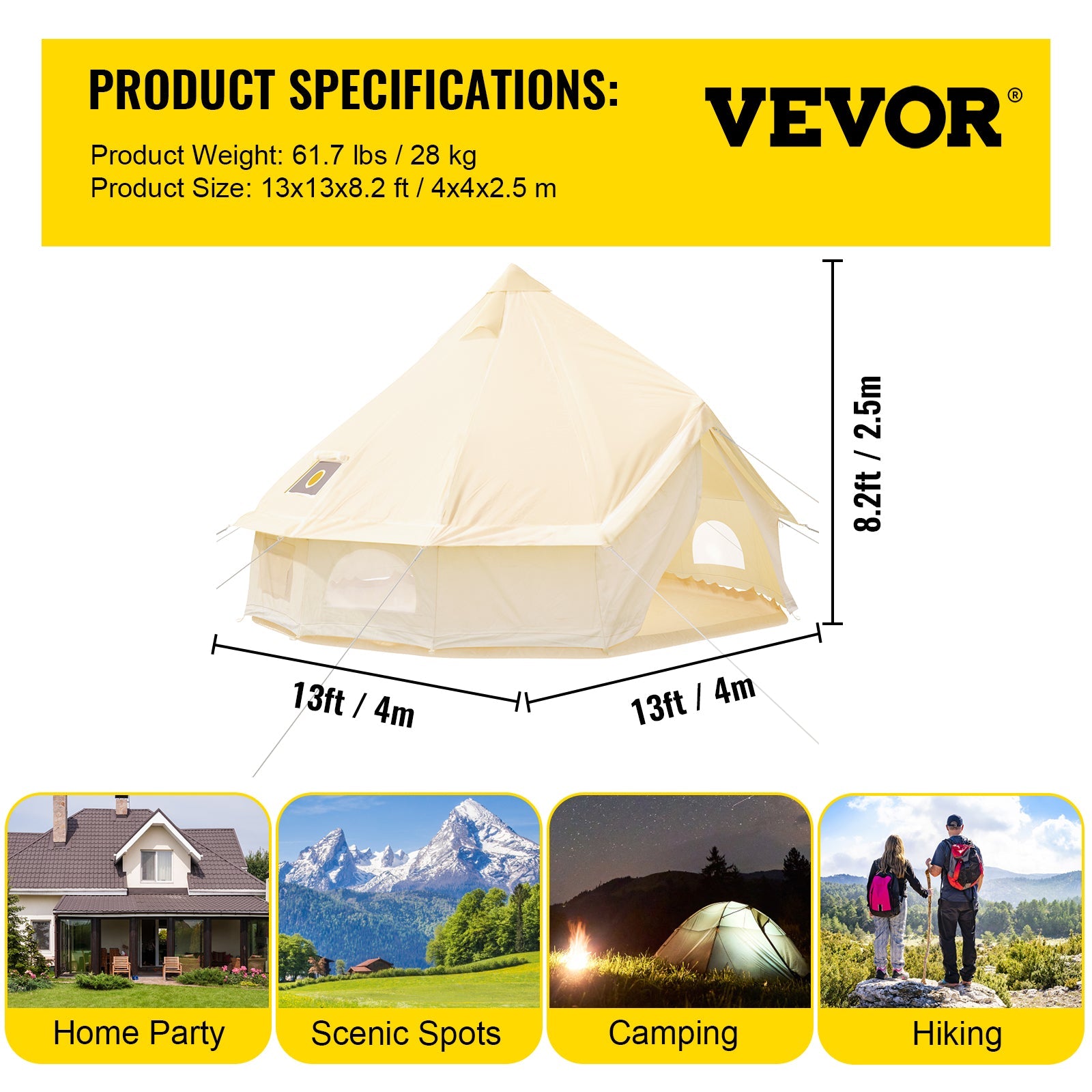 VEVORbrand Canvas Bell Tent 13.12ft /4m Cotton Canvas Tent with Wall Stove Jacket Glamping Tent Waterproof Bell Tent for Family Camping Outdoor Hunting in 4 Seasons