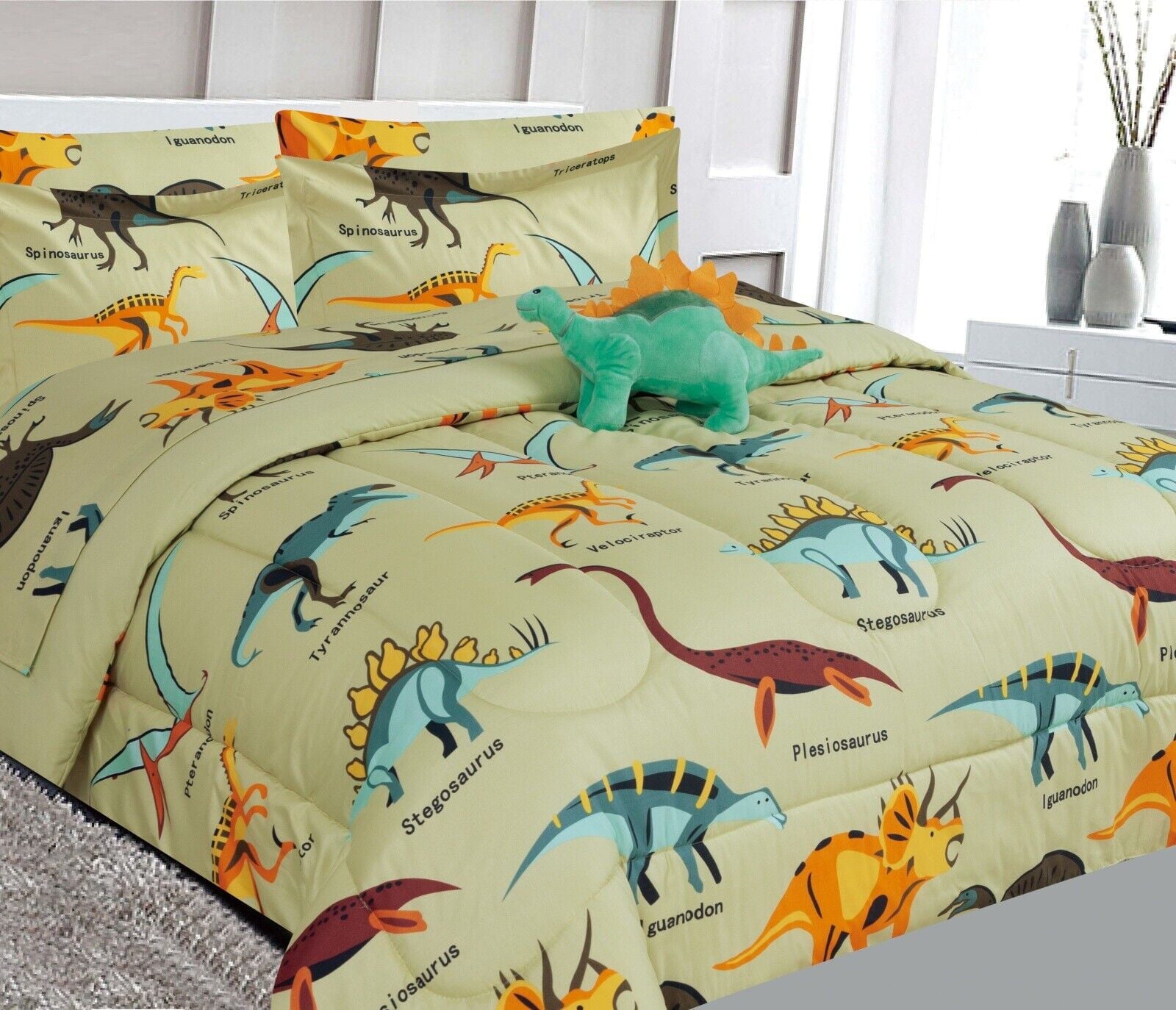Bedding comforter in full size dinosaur taupe design matching sheet set for kids bedroom décor for girls boys 8 pieces