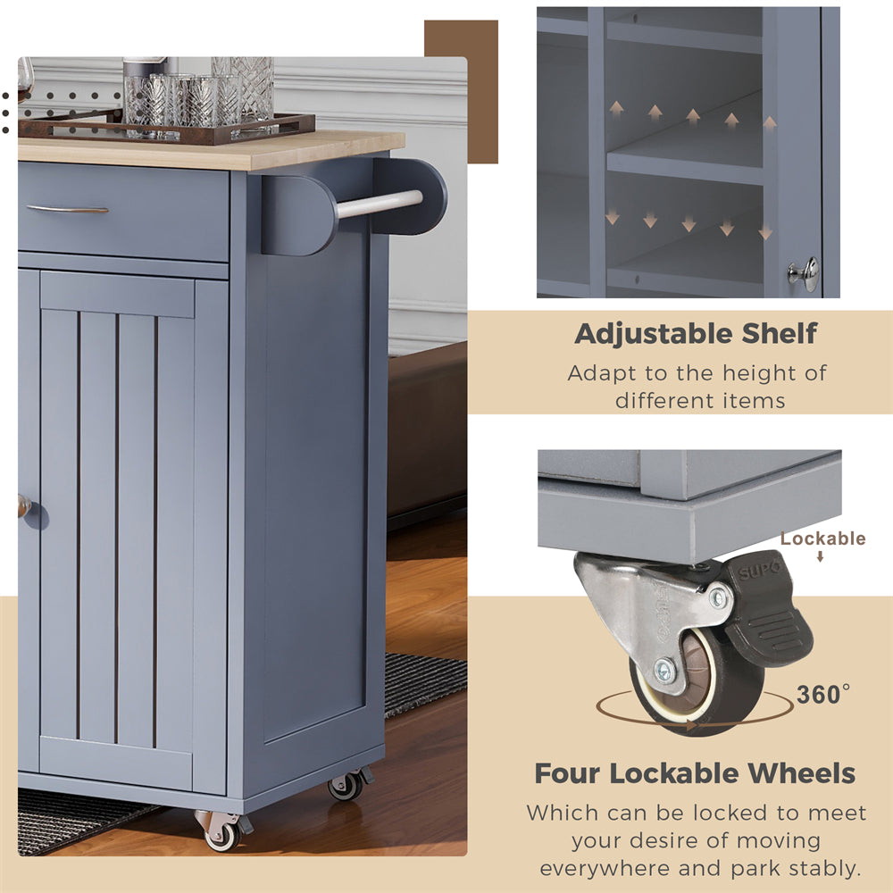 Modern Rolling Mobile Kitchen Island Cart with Wine Rack， 2 Storage Cabinets， Towel Rack and 2 Drawers， Kitchen Island Cart with 4 Locking Wheels for Kitchen， Dining Room and Hallway， Grey Blue