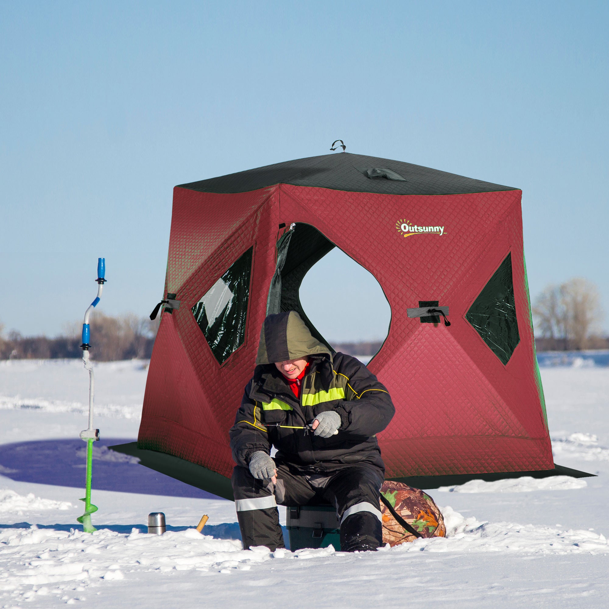 Outsunny 2 Person Ice Fishing Shelter Pop-p Portable Ice Fishing Tent， Red