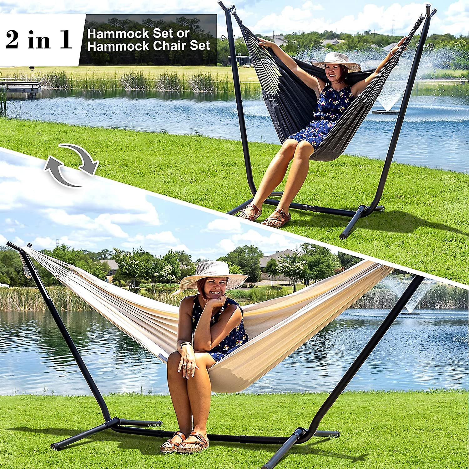 2-in-1 Convertible Portable Double Hammock With Stand， Outdoor Hammock With Stand Included， Patent Pending， Natural
