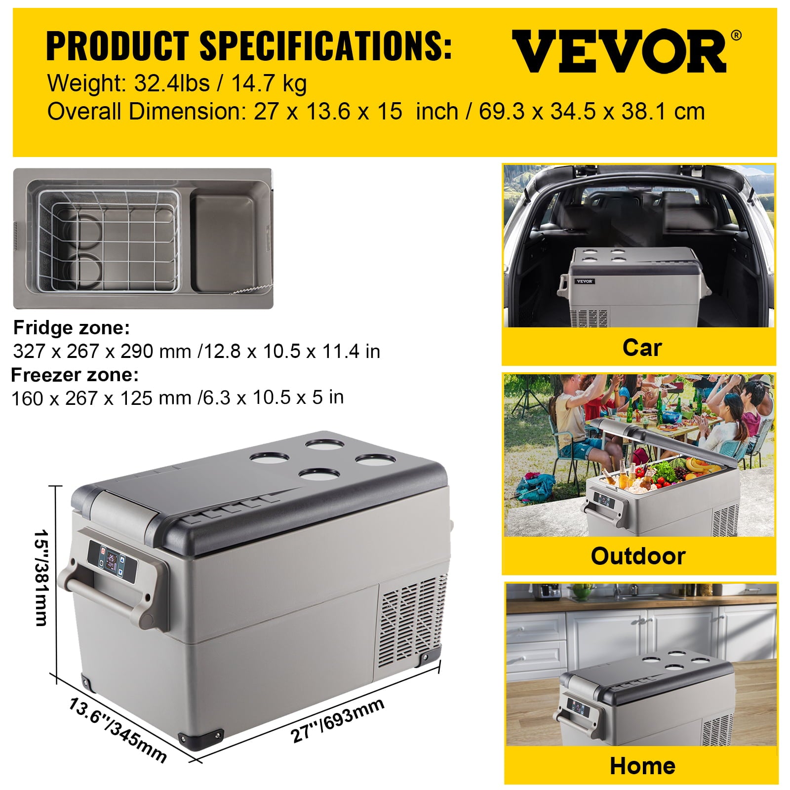 VEVORbrand 35L Portable Car Refrigerator 37 Quart Compact Rv Fridge 12/24V Dc and 110-240V Ac Vehicle Car Truck Boat Mini Electric Cooler For Driving Travel Fishing Outdoor And Home Use -4°F-50°F