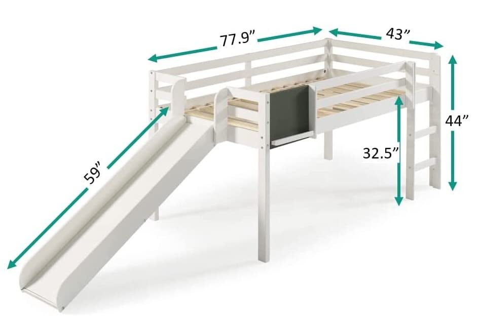 Naomi Home Cindy Kids Loft Bed with Slide, Twin Loft Bed with Slide, Loft Bed with Slide, Loft Bed Slide with Ladder, Chalkboard, Pine Wood Space Saving Kids Bed Frame for Boys, Girls, White