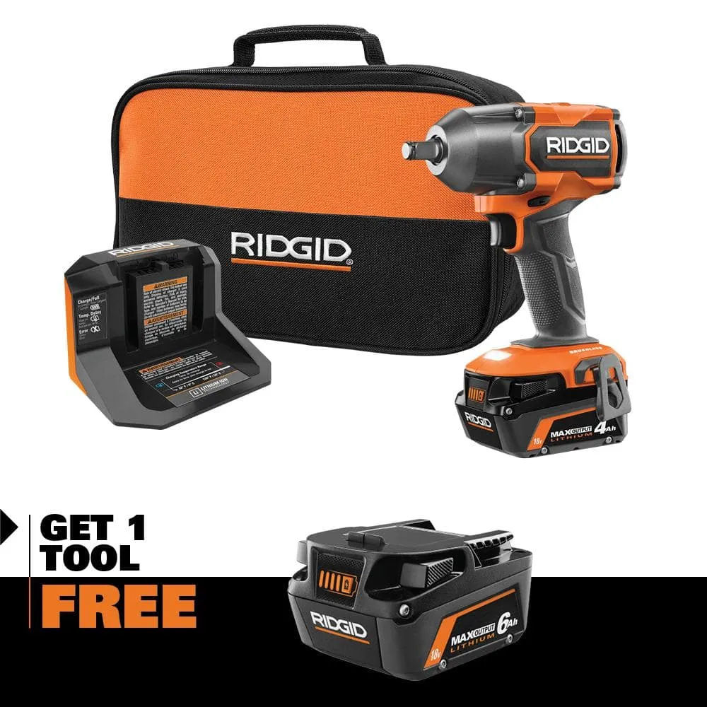RIDGID 18V Brushless Cordless 1/2 in. Impact Wrench Kit with 6.0 Ah and 4.0 Ah MAX Output Batteries, and Charger R86012K-AC840060