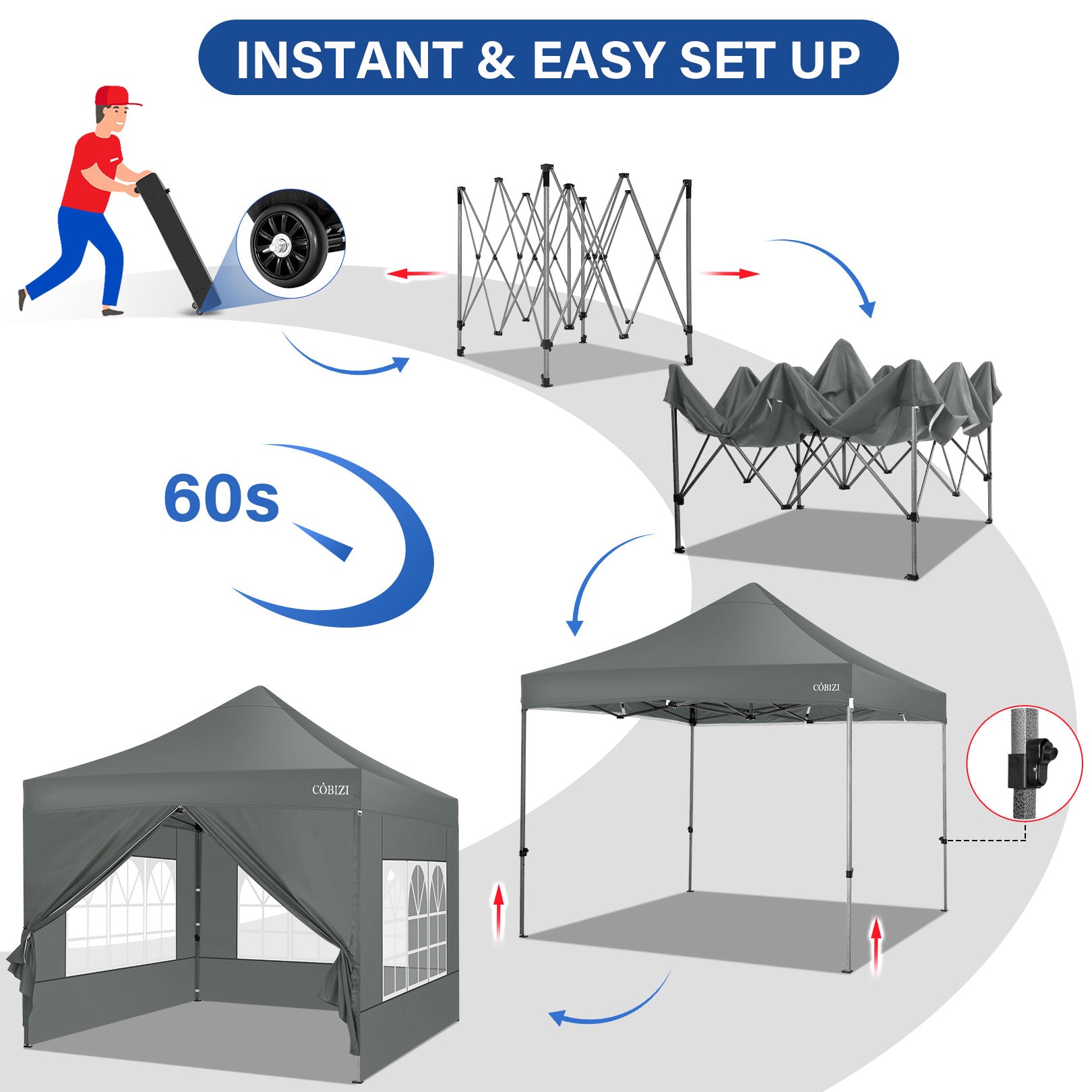 10 x 10ft Pop Up Canopy Tent Instant Outdoor Party Heavy Duty Canopy Straight Leg Commercial Gazebo Tent Shelter with 4 Removable Sidewalls, 4 Sand Bags, Roller Bag, Gray