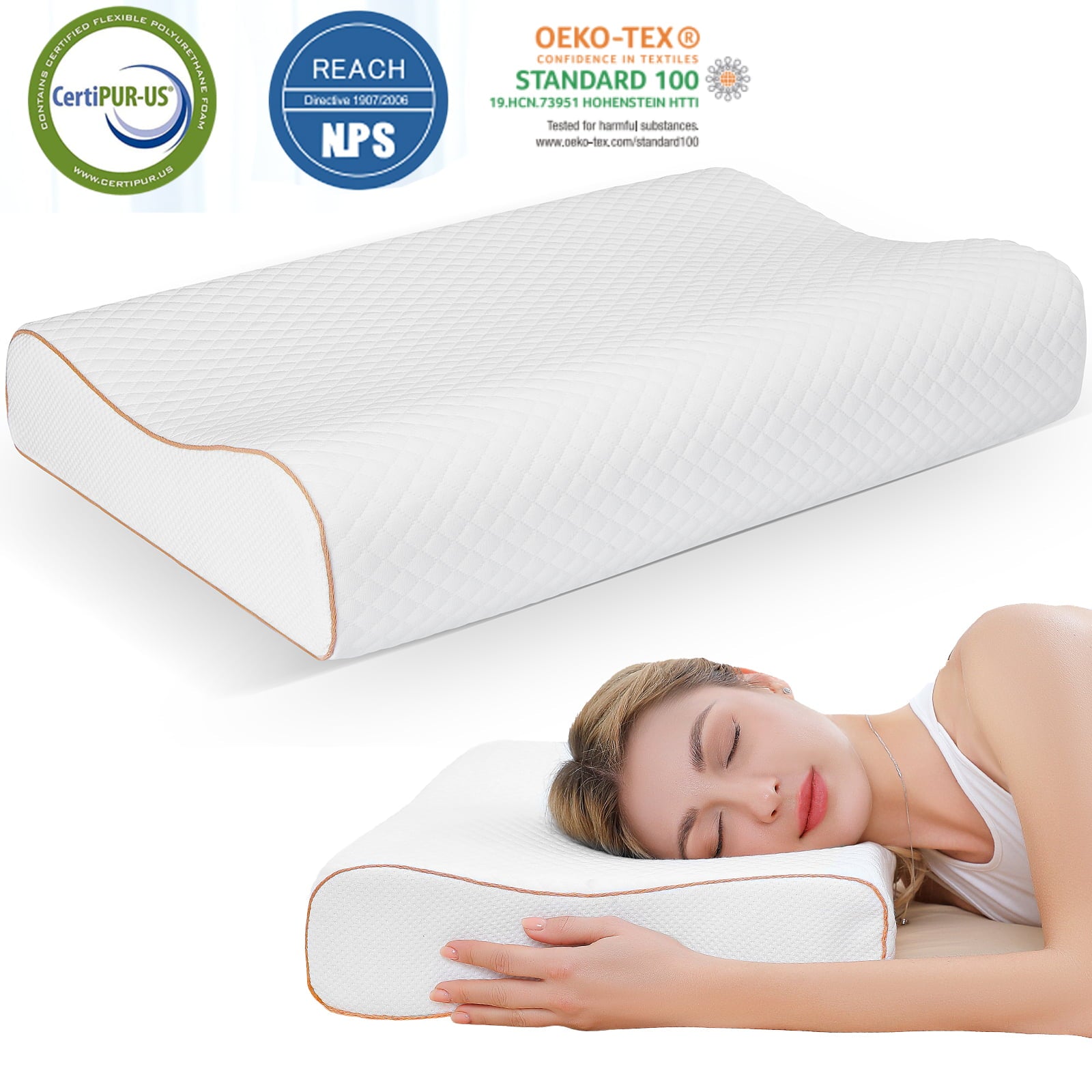 Teal Home Memory Foam Pillow Cervical Orthopedic Pillow, for Side Back Stomach Sleeper, Washable Cover, White