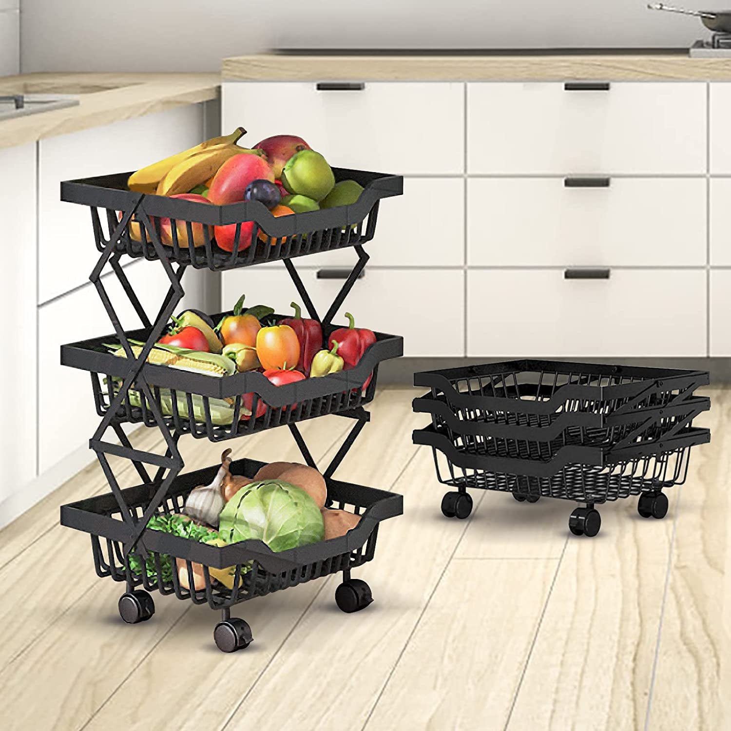 Fruit Basket for Kitchen - 3 Tier Basket Stand - Foldable Fruit and Vegetable Storage Cart with Detachable Wheels - Potato and Onion Storage - Basket Storage Tower for Kitchen， Pantry， Bathroom