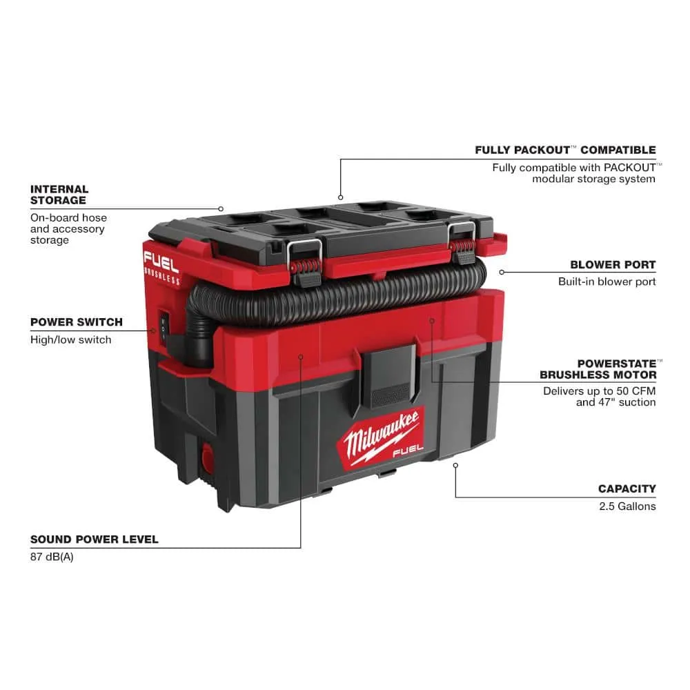 Milwaukee M18 FUEL PACKOUT 18-Volt Lithium-Ion Cordless 2.5 Gal. Wet/Dry Vacuum (Vacuum-Only) 0970-20
