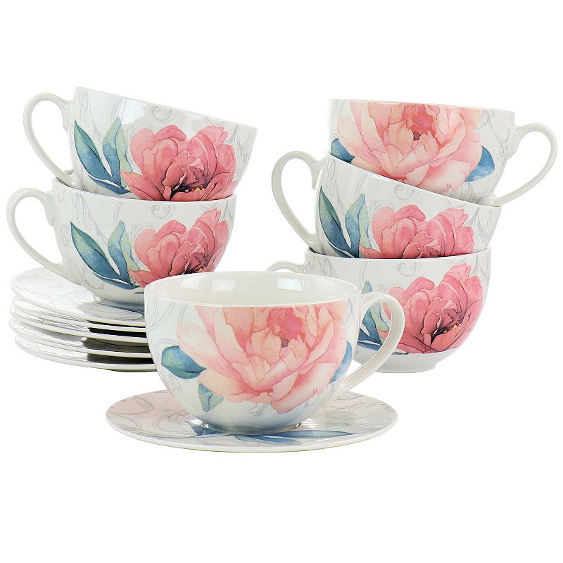 Gibson Everyday 12 Piece Ceramic Flora 18 Ounce Cup and Saucer Set in White