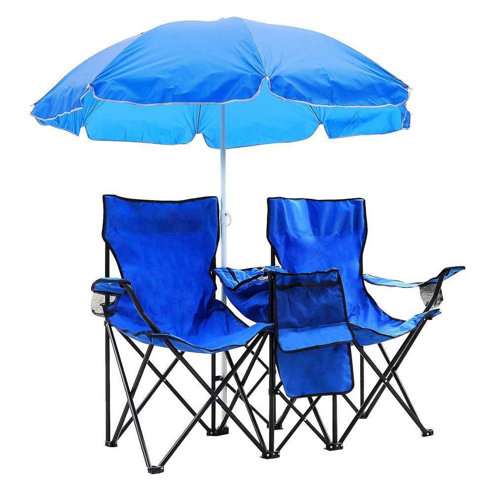 Hommoo 2 Pcs Beach Camping Chair With Removable Anti-UV Umbrella， Outdoor 2-Seat Folding Chair for Patio Beach Lawn Picnic Fishing Camping Garden and Carrying Bag， Blue
