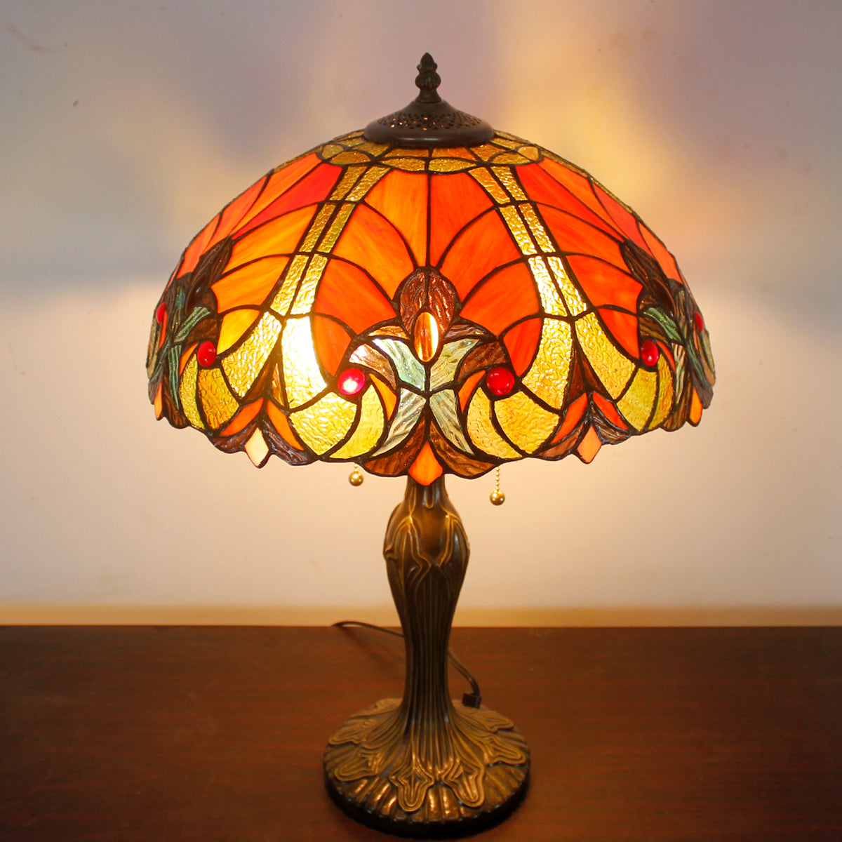  Table Lamp Red Liaison Stained Glass Style Shade Metal Base 24" Tall Large Bedside Desk Light Living Room Bedroom Country Farmhouse Luxurious Memory Lamp Sympathy LED Bulb Included