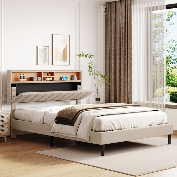 Queen Upholstered Platform Bed with Storage Headboard and USB Port