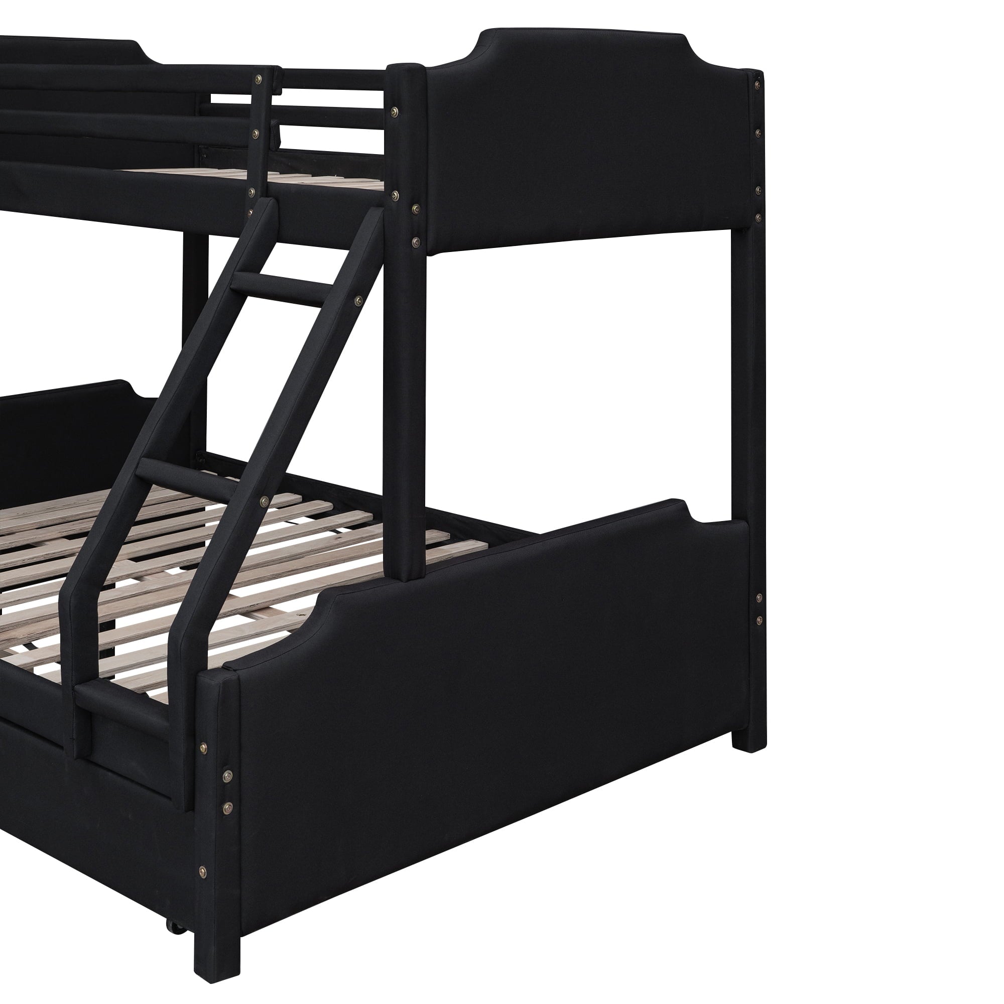 EUROCO Upholstery Twin over Full Bunk Bed with Slide and Drawers for Kids Room, Black