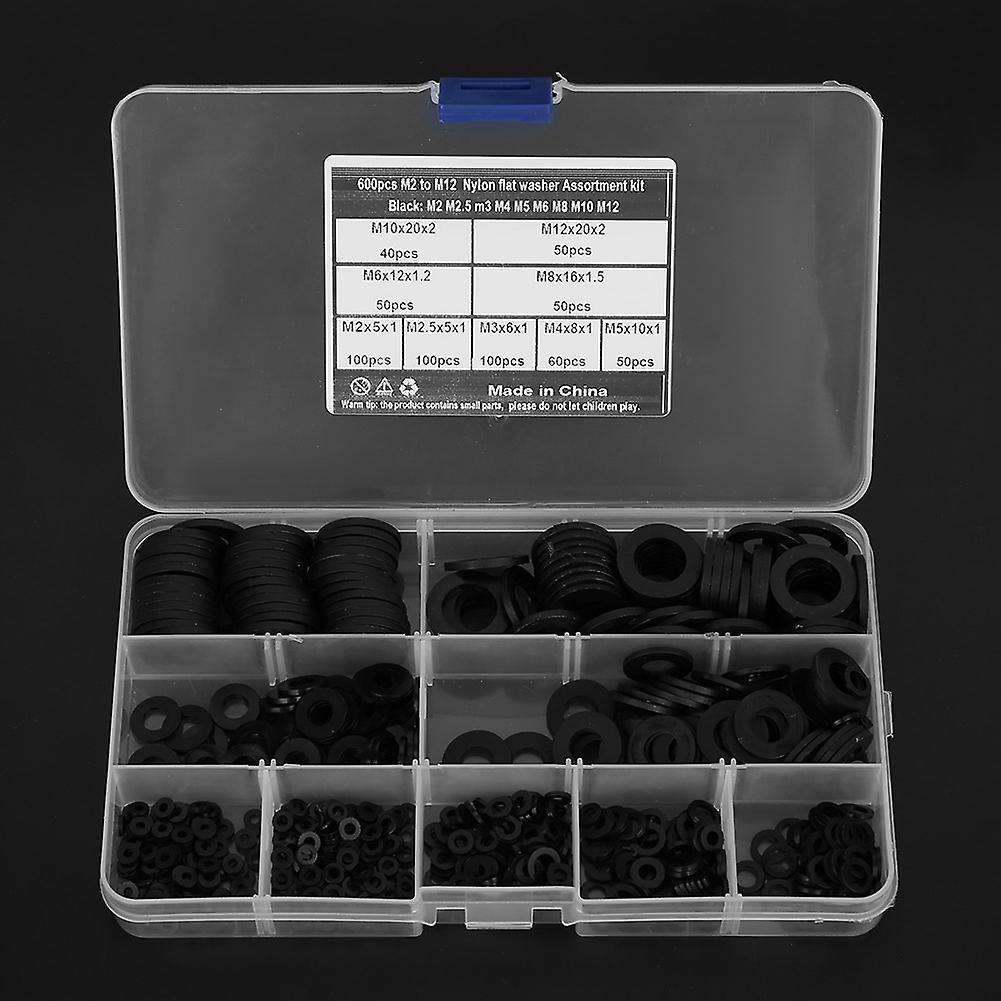 600pcs Black Nylon Washer Gasket Combination Kit M2-m12 9 Sizes Hardware Supplies