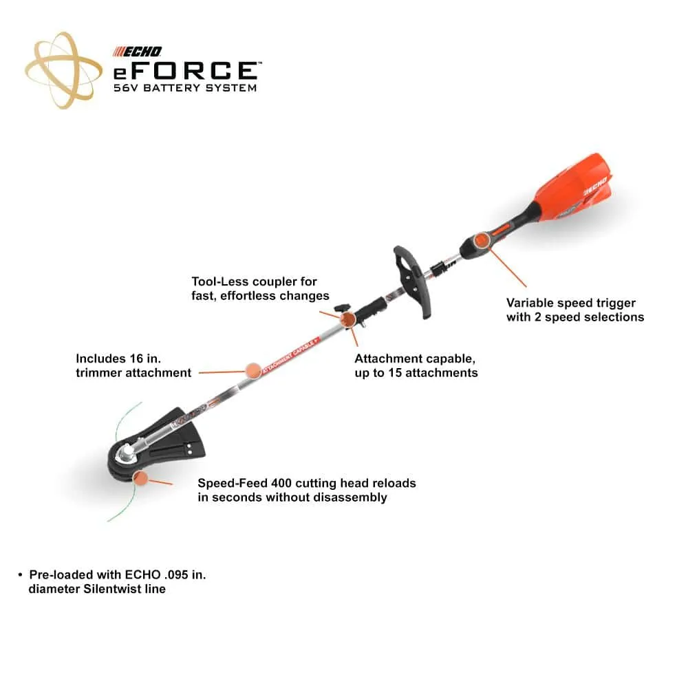 ECHO eFORCE 56V Brushless Cordless Battery 16 in. Attachment Capable String Trimmer and 2.5Ah Battery and Charger DPAS-2100SBC1