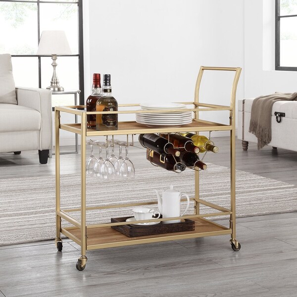Gold And Brown Francesca Bar Cart， Modern， Metal， 30 x 13 x 32.5 in - - 36307789