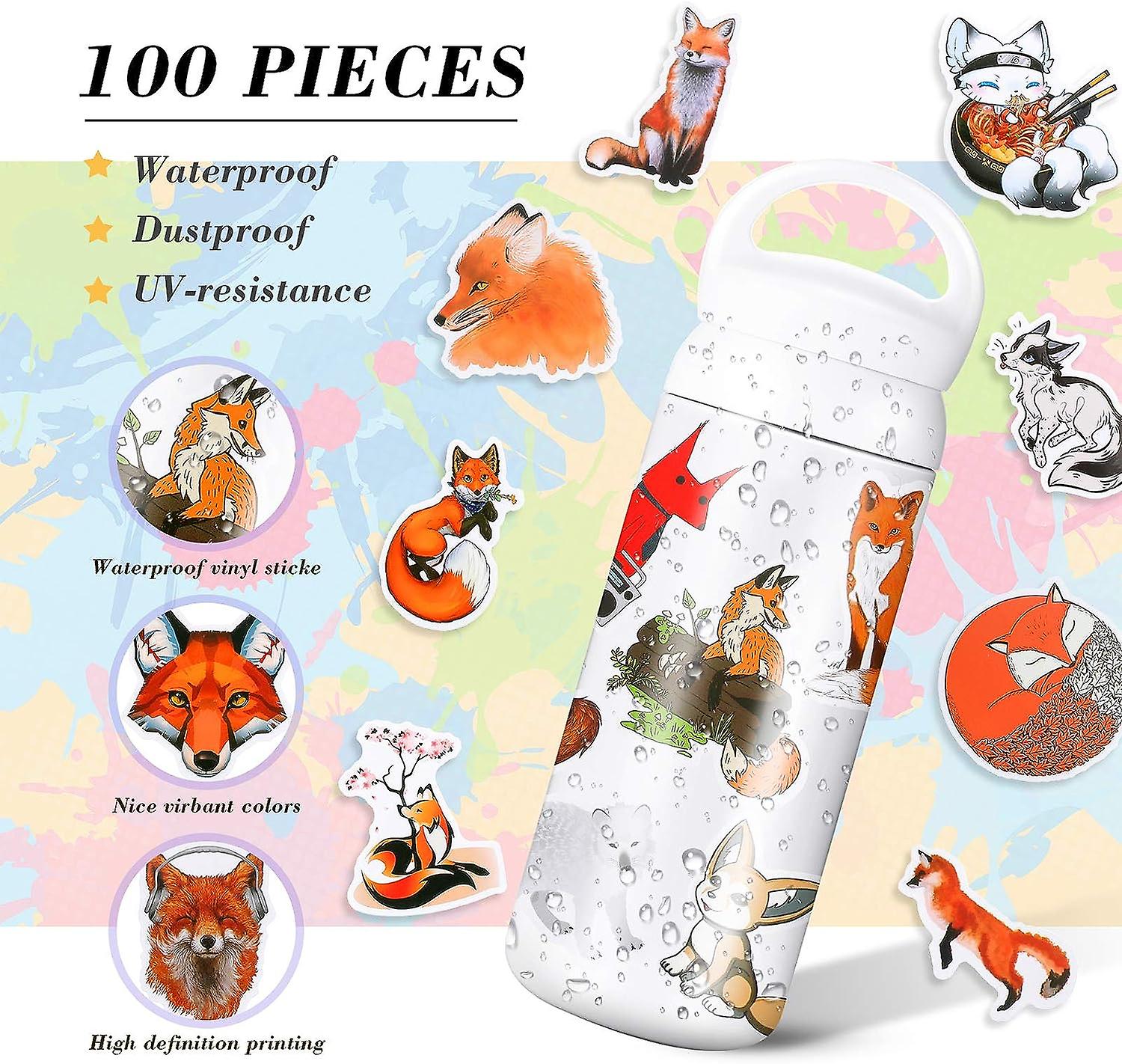 100 Pieces Fox Stickers Mixed Cartoon Fox Decals Waterproof Fox Water Bottle Sticker Vinyl Cute Animal Decorative Sticker For Laptop Luggage Car Bike