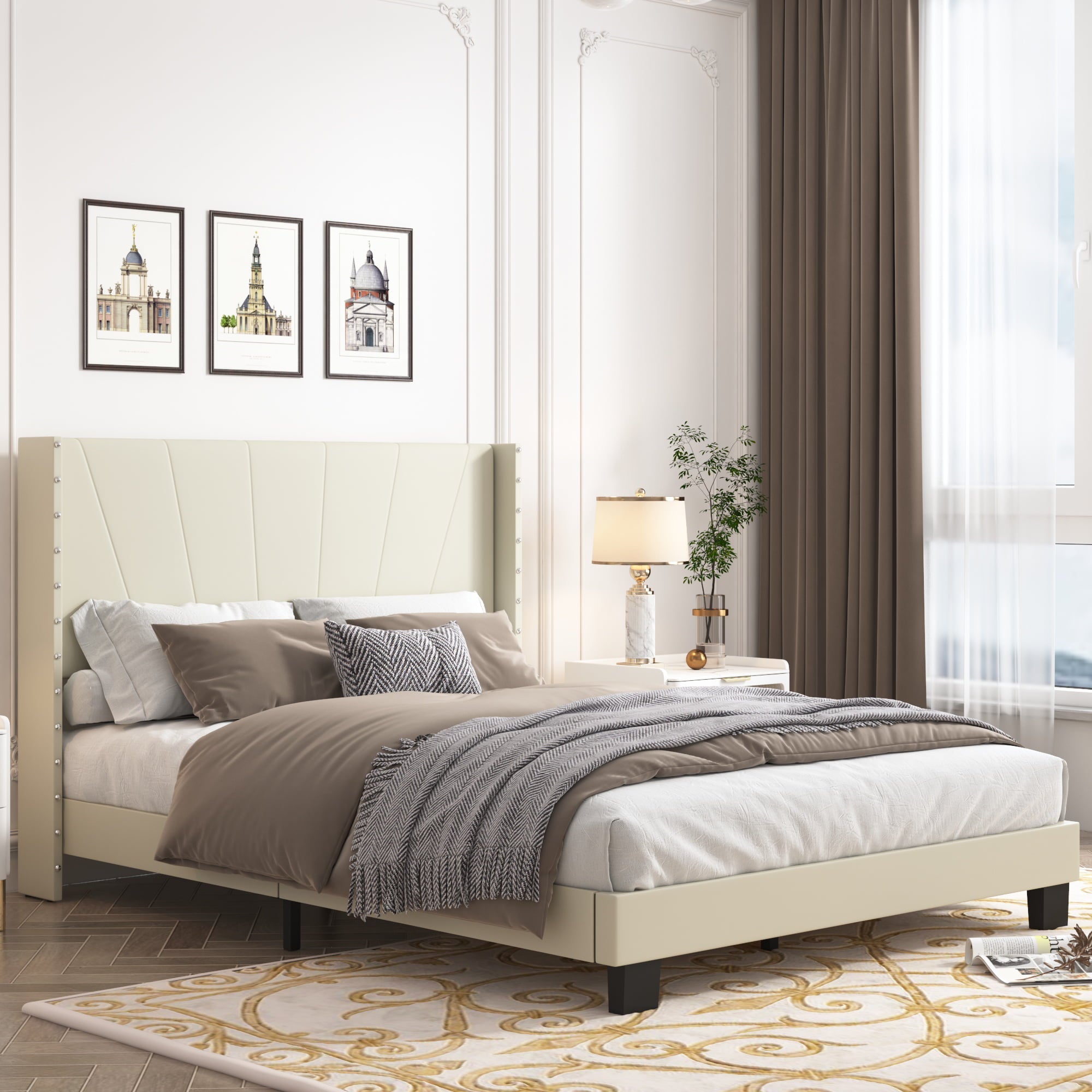 uhomepro Beige Full Bed Frame for Adults Kids, Modern Fabric Upholstered Platform Bed Frame with Headboard, Full Size Bed Frame Bedroom Furniture with Wood Slats Support, No Box Spring Needed