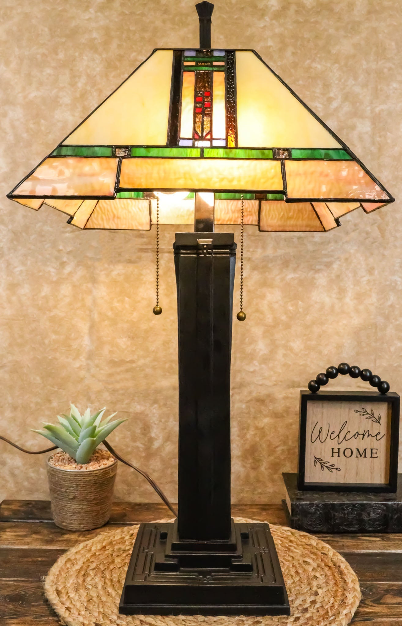 Louis  Mission Style Geometric Vectors Stained Glass Shade Table Lamp