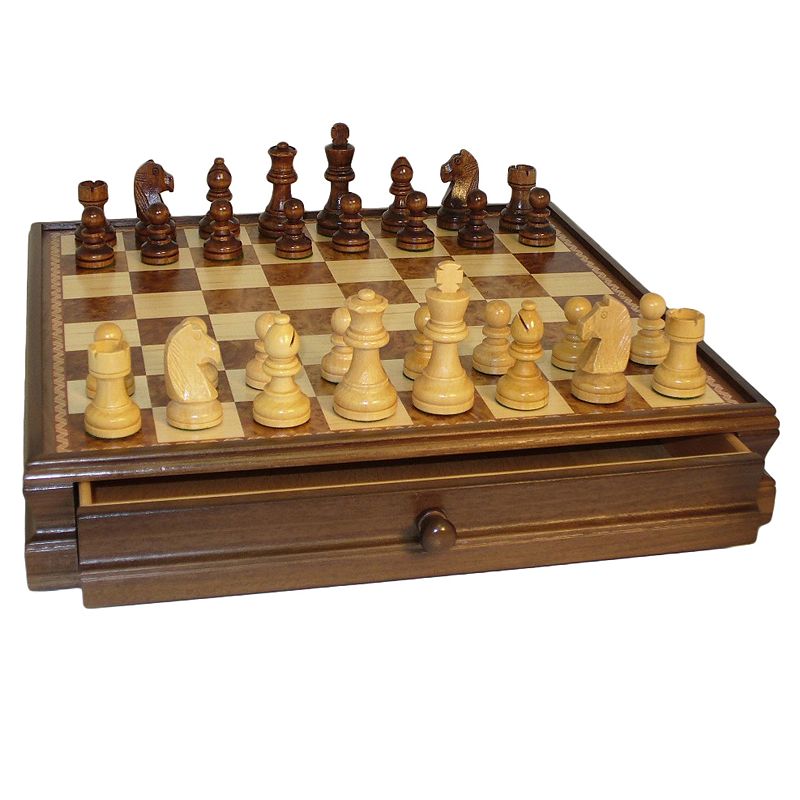 WorldWise Imports Walnut and Maple Drawer Chest Chess Set