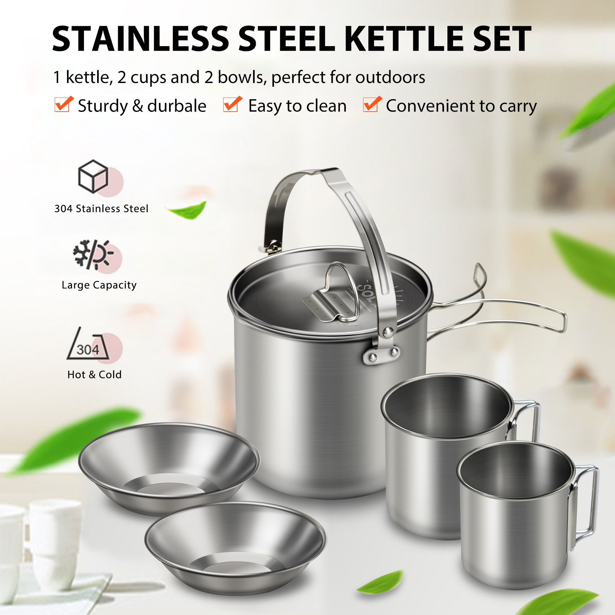 Tomfoto 5PCS Stainless Steel Kettle with 2 Cups 2 Bowls Foldable Handles Lid Large Capacity Portable Tea Coffee Water Cooking Pot for Camping Hiking Picnic Outdoors