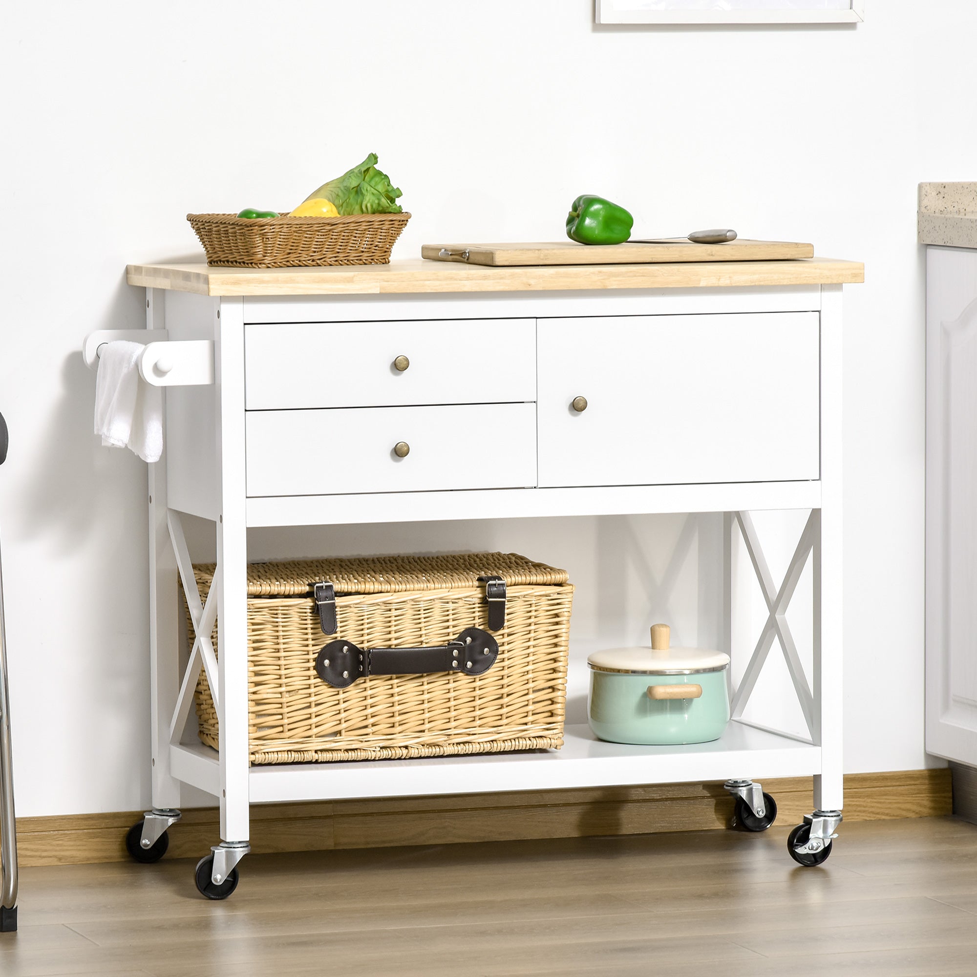 HomCom Utility Kitchen Cart Rolling Kitchen Island Storage Trolley with Rubberwood Top， 2 Drawers， Towel Rack， White