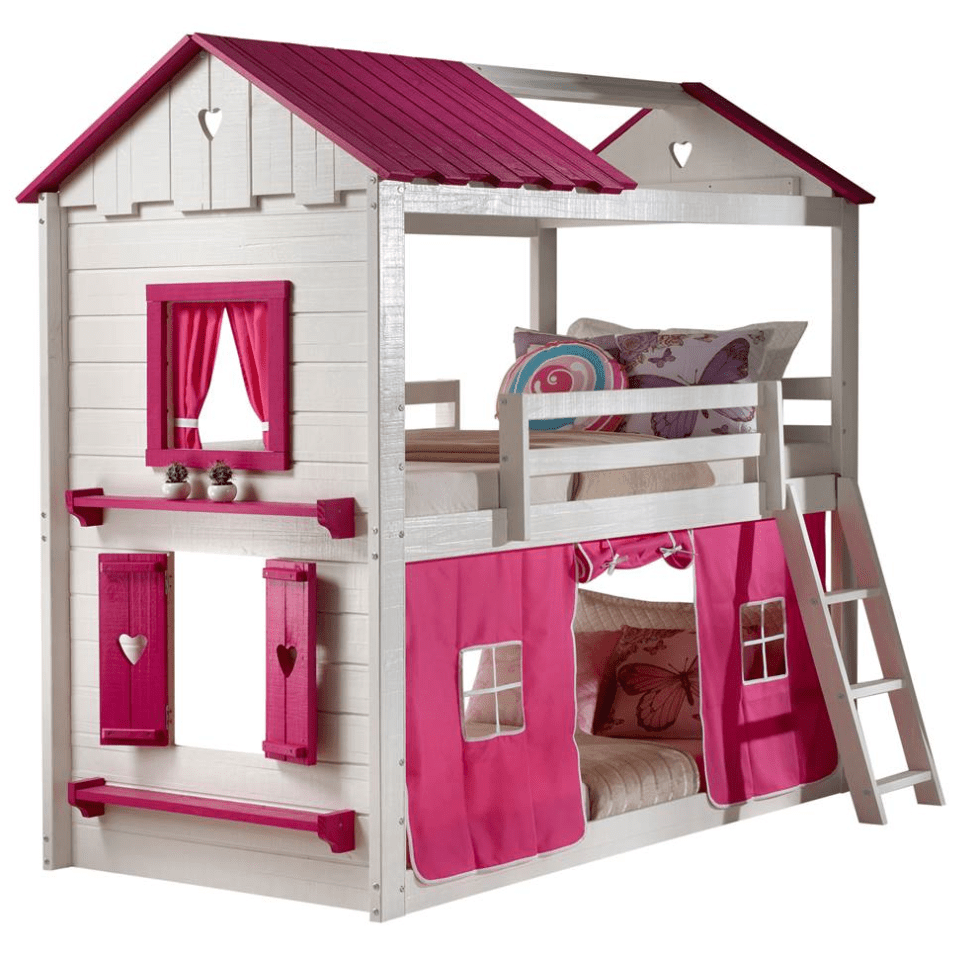 Donco Kids PD-1570TTWP-1575TP Twin Over Sweetheart Bunk Bed, White & Pink with Pink Tent
