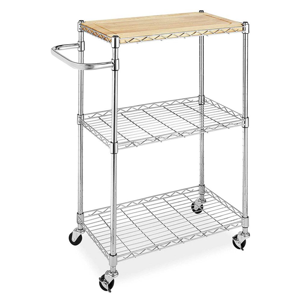 Gzxs Kitchen Storage Microwave Rack Cart on Caster Wheels with Adjustable Shelves 3-Tier  Kitchen and Microwave Cart Wood and Chrome