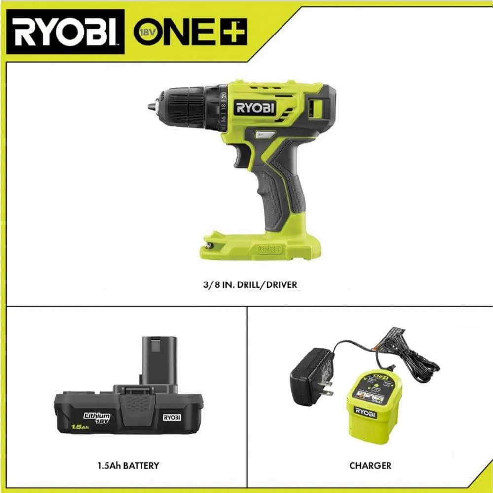 RYOBI ONE+ 18V Cordless 3/8 in. Drill/Driver Kit with 1.5 Ah Battery and Charger PDD209K